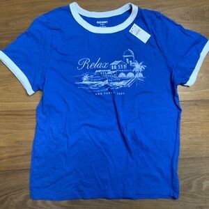 NWT Blue Ring Collar T-Shirt “Relax and Take it Easy” Size M